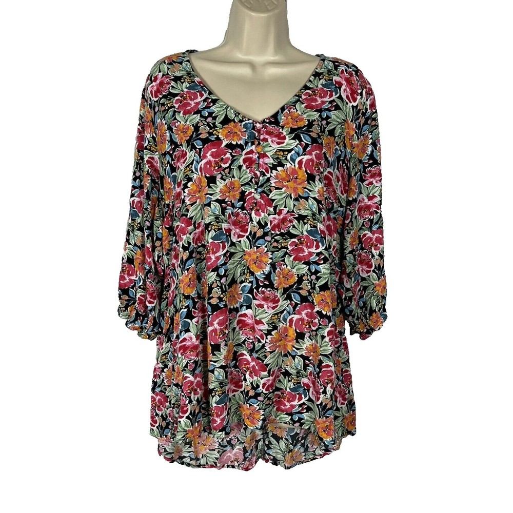 Torrid Black Floral Crinkle Gauze Hi-Low Tunic Tie Back Size 1 (1X 14/16)